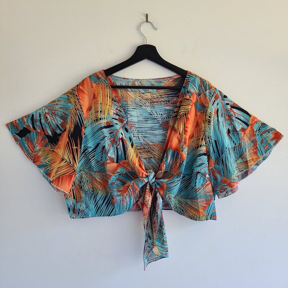 SHEIN Curvy Cropped Tie Front Blouse 3X Floral Batwing Sleeve Hawaiian Tropical - Picture 1 of 9